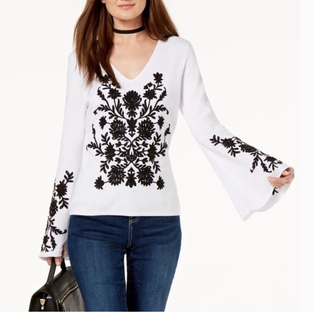 INC FLORAL EMBROIDERED TRUMPET SLEEVE SWEATER